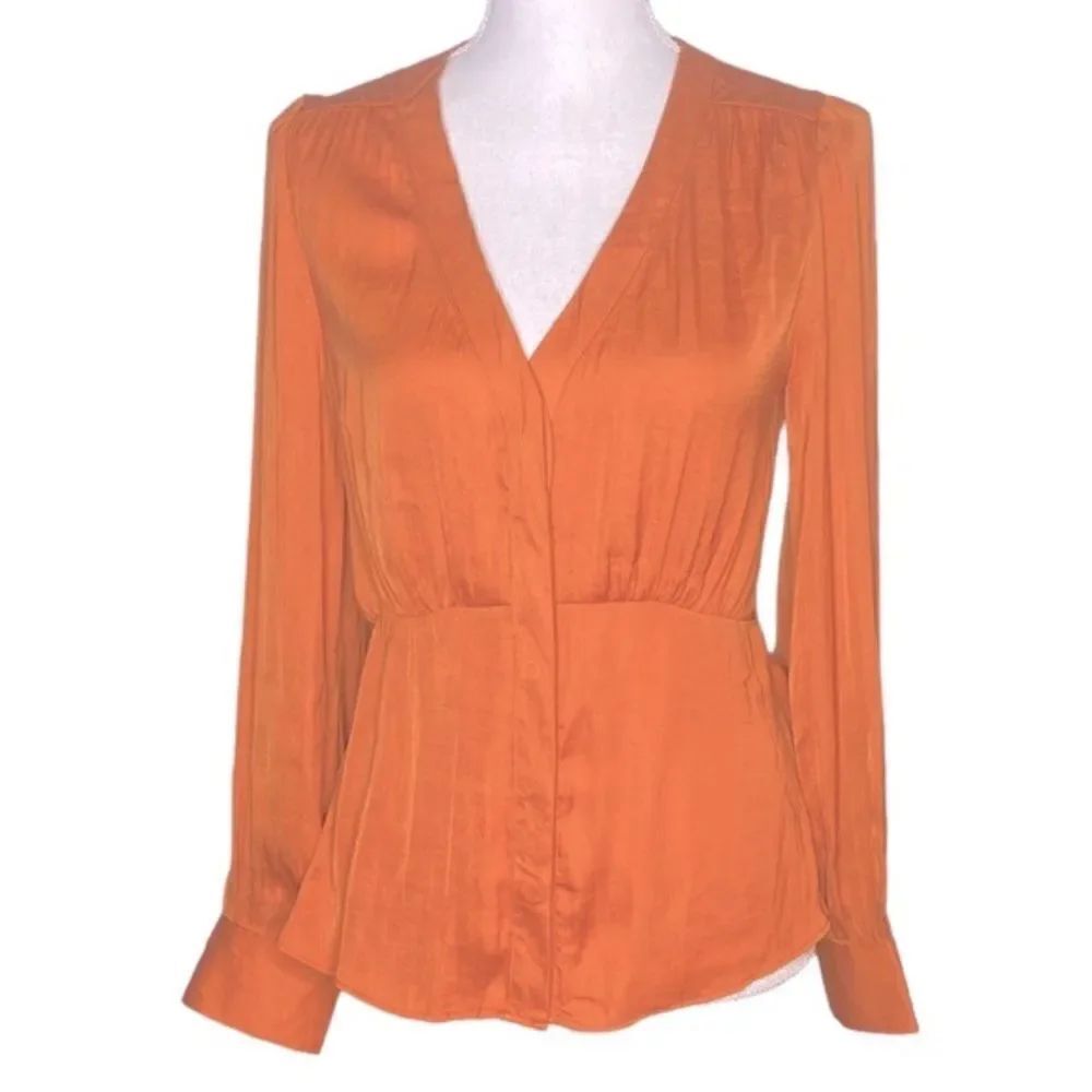 Naked Zebra Pumpkin Button Up Silky V Neck Shirt Blouse Size Small